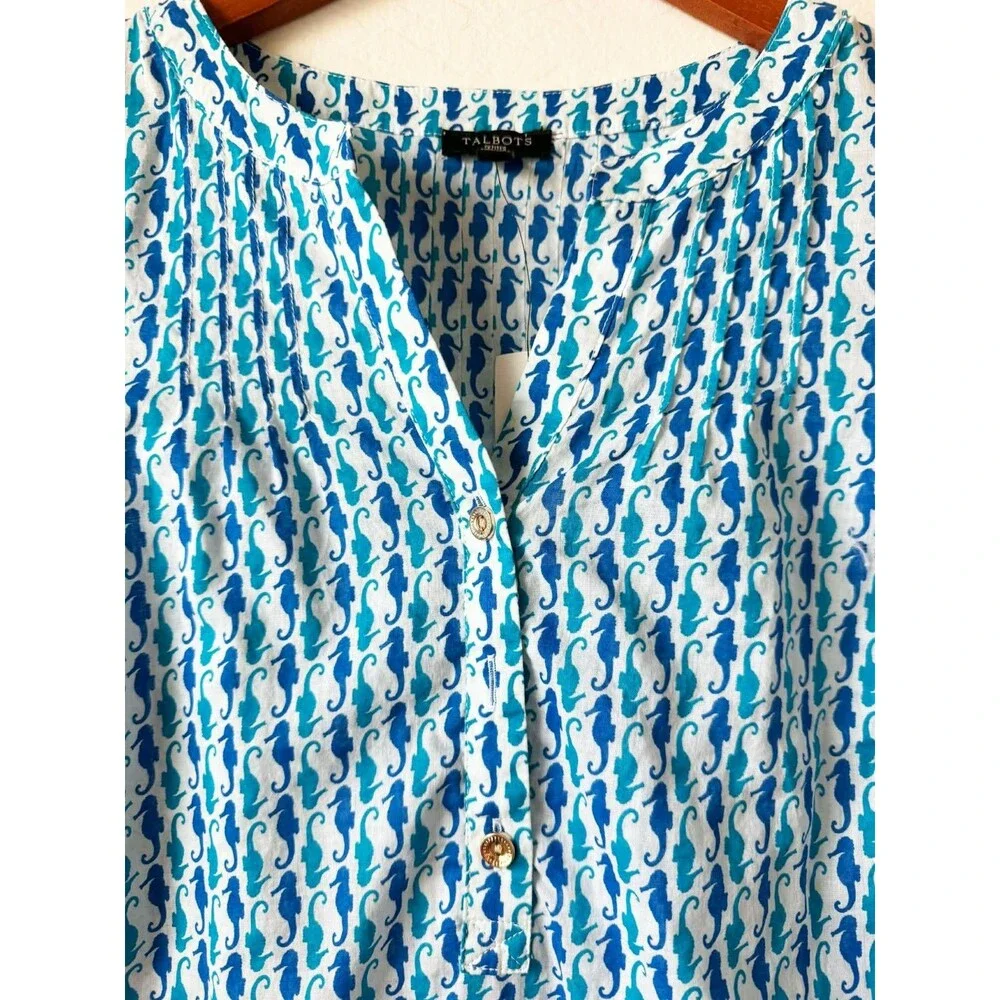 NWT TALBOTS MP Medium Petite Popover Tunic Top Seahorse Print Blue Beachy Cotton